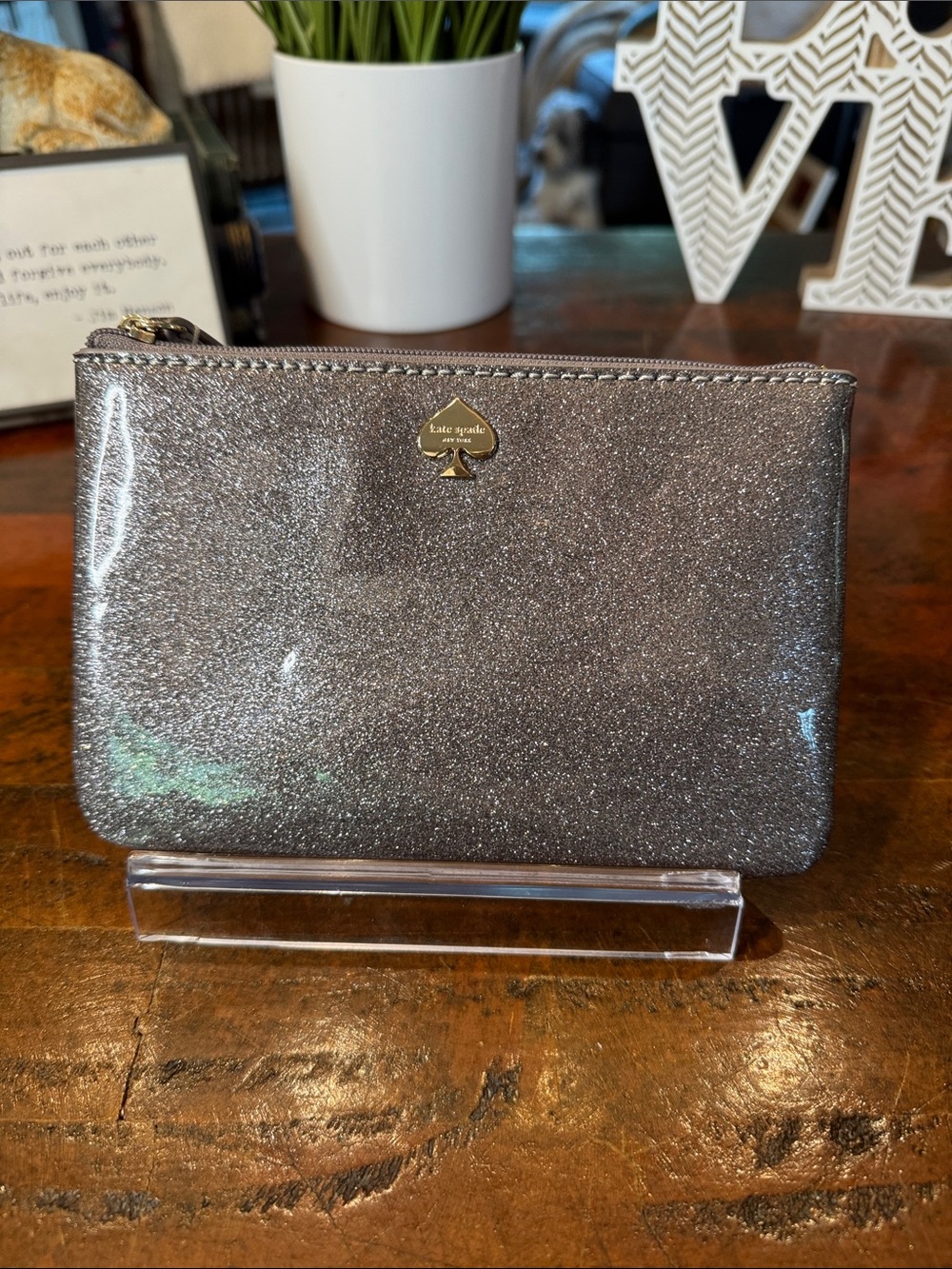 kate spade Metallic Silver Glitter Zip Pouch